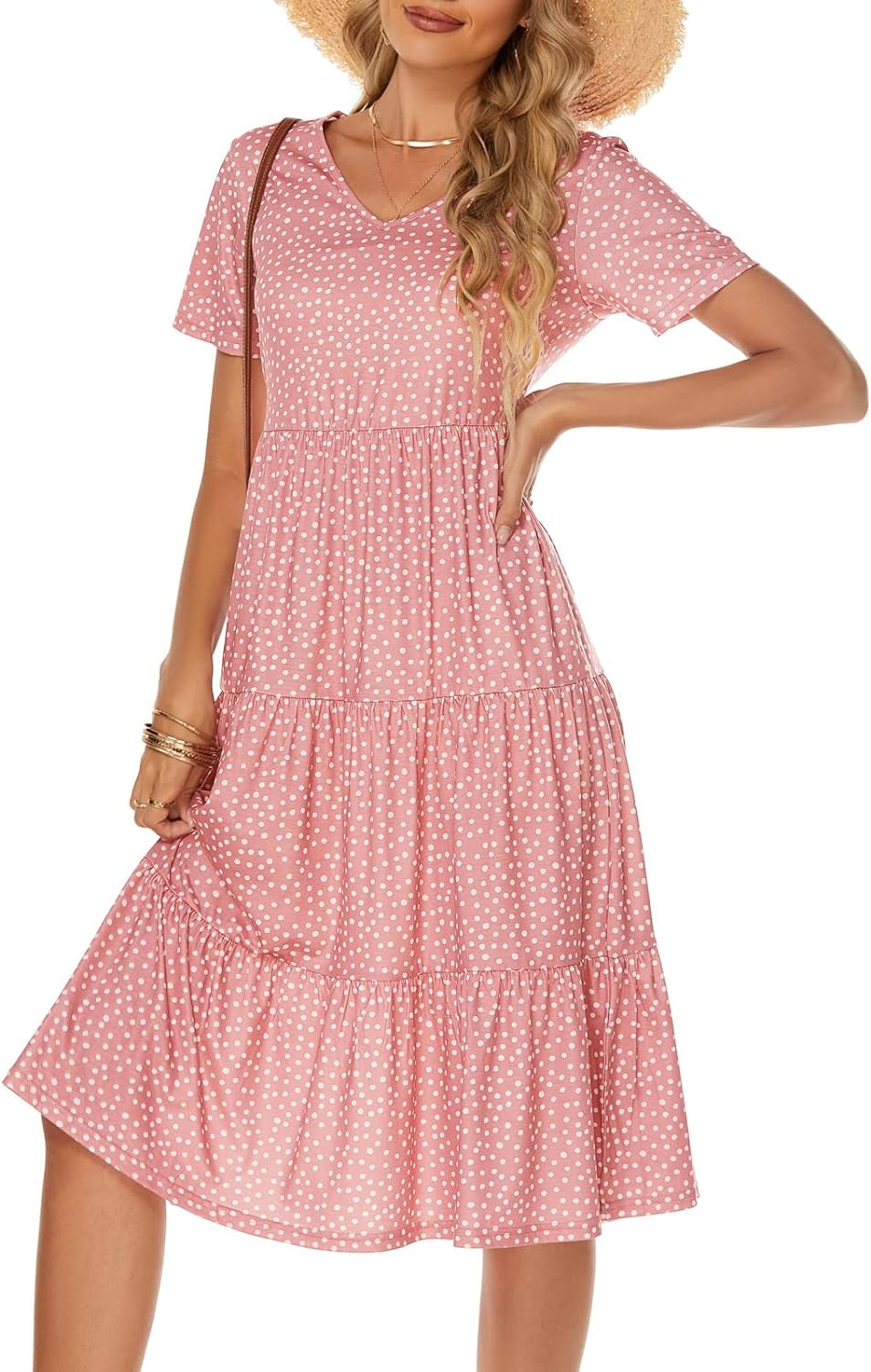 Women'S Casual Summer Tiered Midi Dress Short Sleeve V-Neck Loose Cotton Ruffle Babydoll Dress Boho Sundress